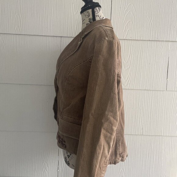 FDJ French Dressing Brown Embroidered Denim Look Short 2-button Blazer (TT) - Picture 9 of 13